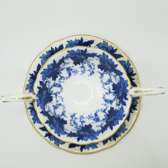 Coalport Cream Soup Bouillon Cup Saucer Set of 2 Blue White Leaves Ivy 5590K - Picture 2 of 15